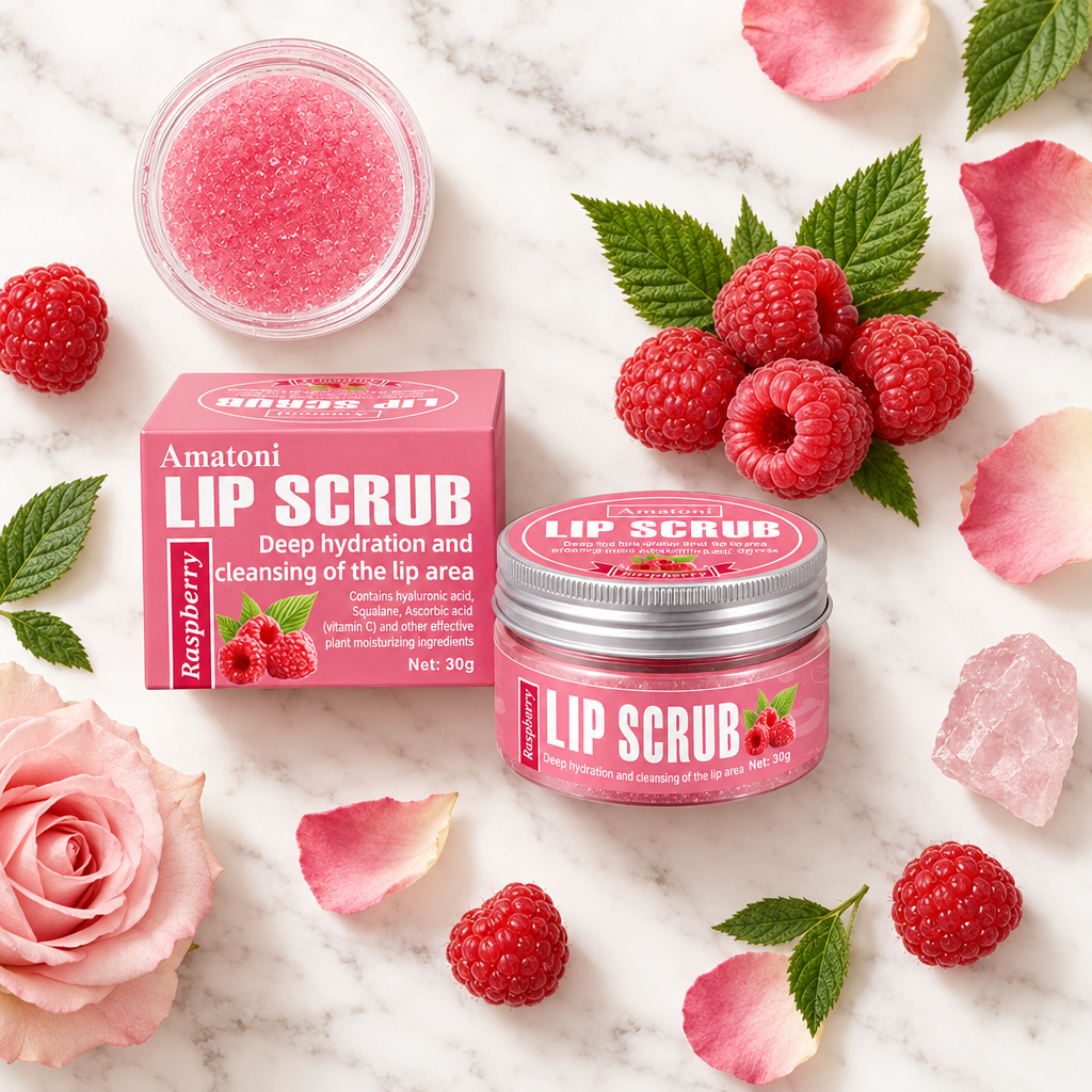 Amatoni Raspberry Lip Scrub - Display Flat Lay