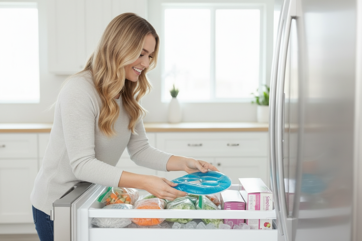 Placing Gel Mask in Freezer Drawer